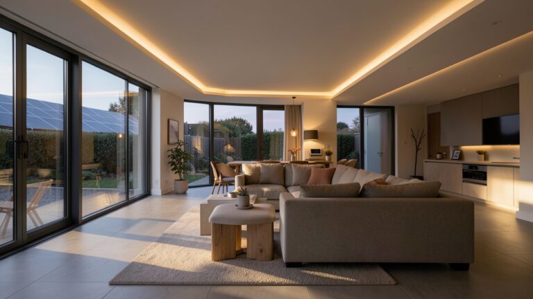 Smart lighting solar integration in a UK home with automated lights powered by solar panels
