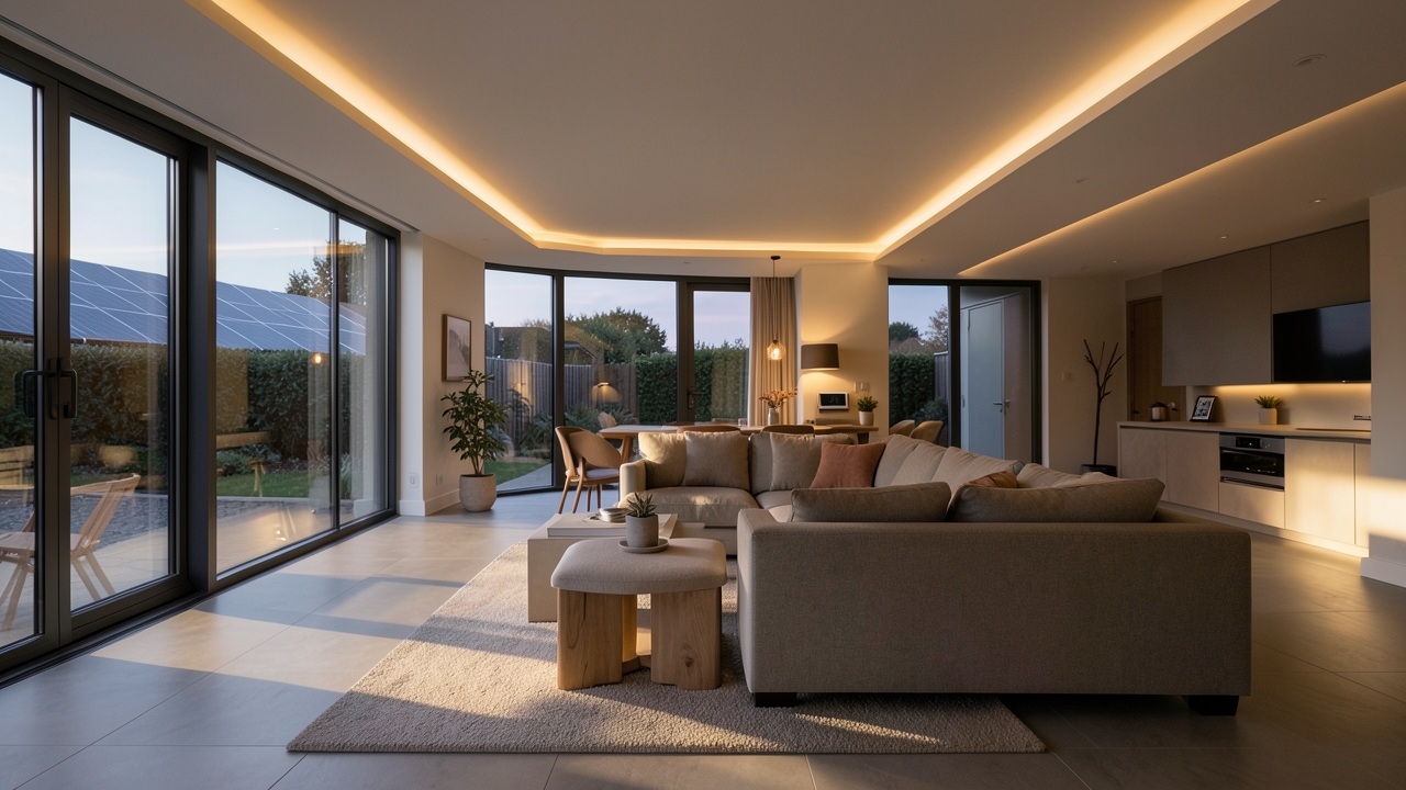 Smart lighting solar integration in a UK home with automated lights powered by solar panels