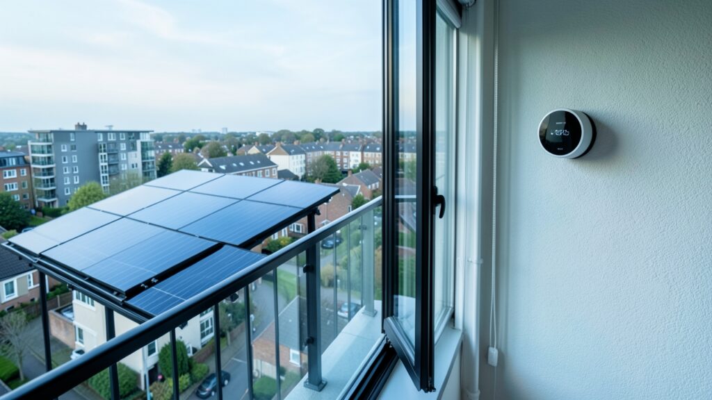 UK solar integration guide showing Nest thermostat with balcony solar panels setup.