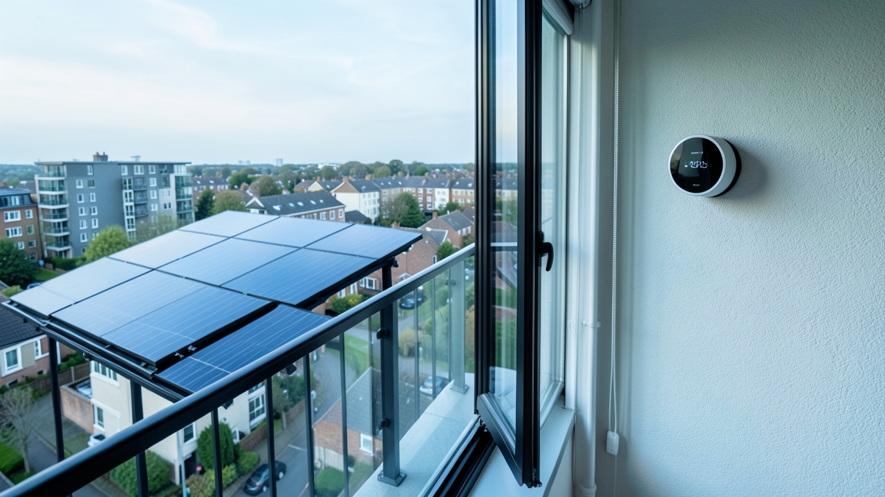 UK solar integration guide showing Nest thermostat with balcony solar panels setup.