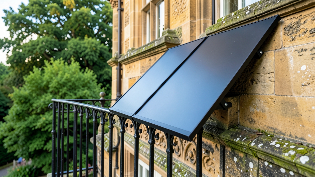 Balcony solar panels installed on a UK listed building terrace