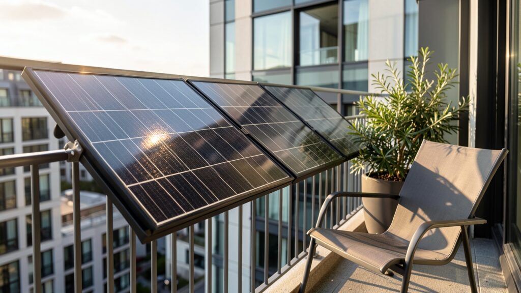 Balcony solar panels permission UK - a modern flat balcony with integrated solar panels on the railing.
