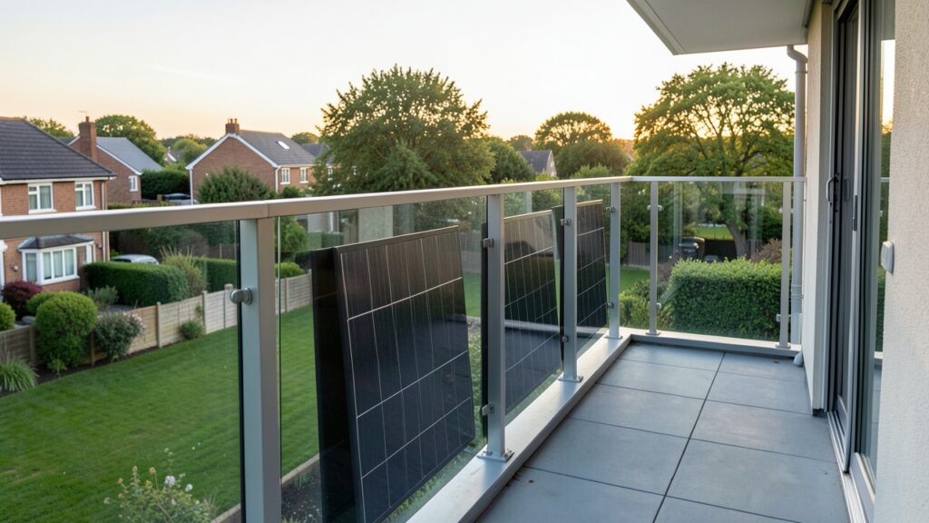 UK balcony solar regulations: plug-in solar panels on a flat balcony
