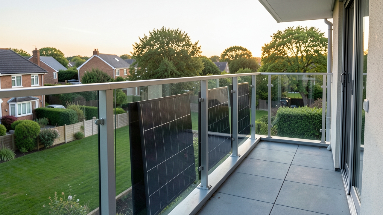 UK balcony solar regulations: plug-in solar panels on a flat balcony