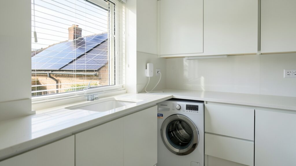 Solar smart plugs UK connected to appliance during daylight solar generation.