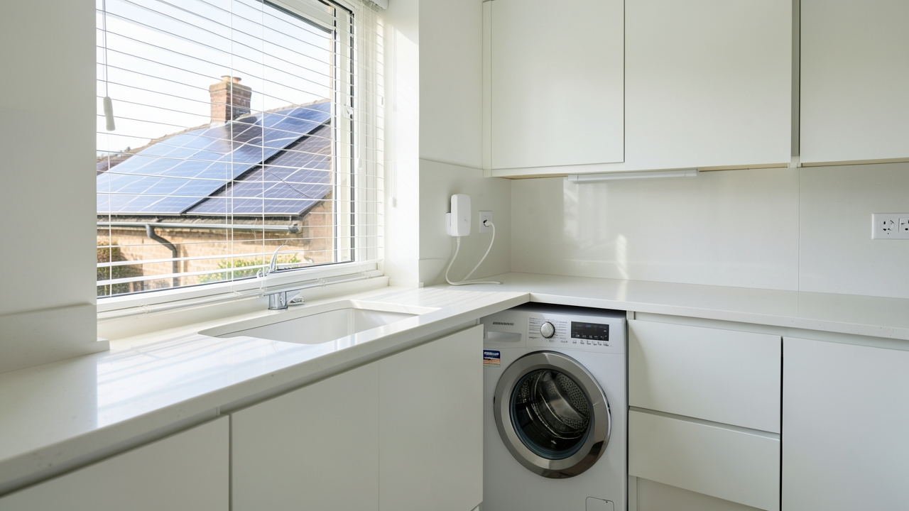 Solar smart plugs UK connected to appliance during daylight solar generation.