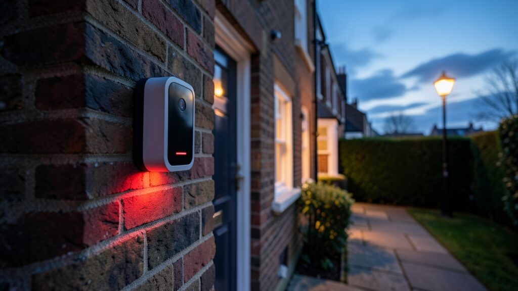 Smart doorbell with night vision mounted on a UK home at dusk, tested as the best night vision doorbell UK