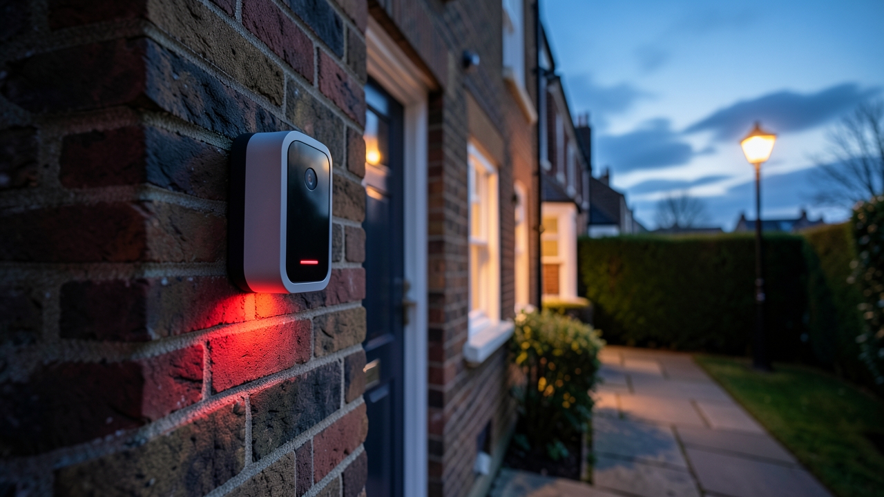 Smart doorbell with night vision mounted on a UK home at dusk, tested as the best night vision doorbell UK