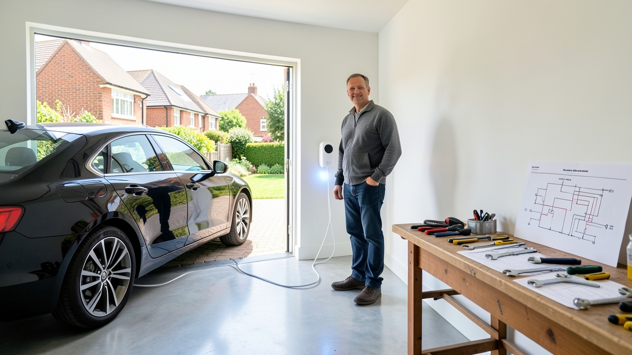 Home garage setup for DIY EV charger installation UK showing wall-mounted unit and electric vehicle