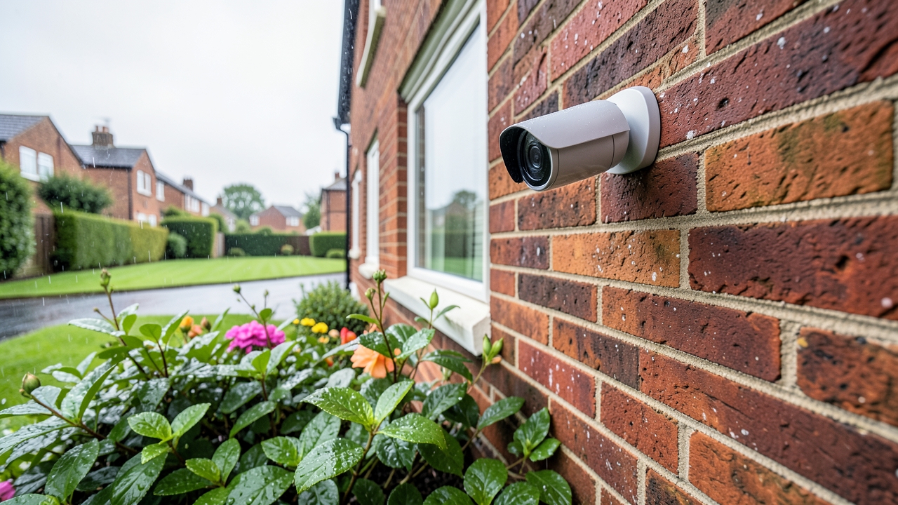 UK weather smart cameras field test showing an Arlo camera in rainy conditions on a house wall