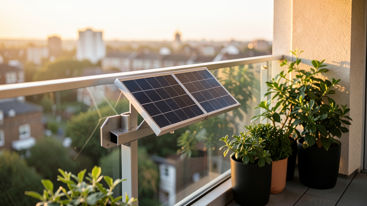 UK rented flat balcony solar panel kit mounted on a city apartment balcony railing in evening light