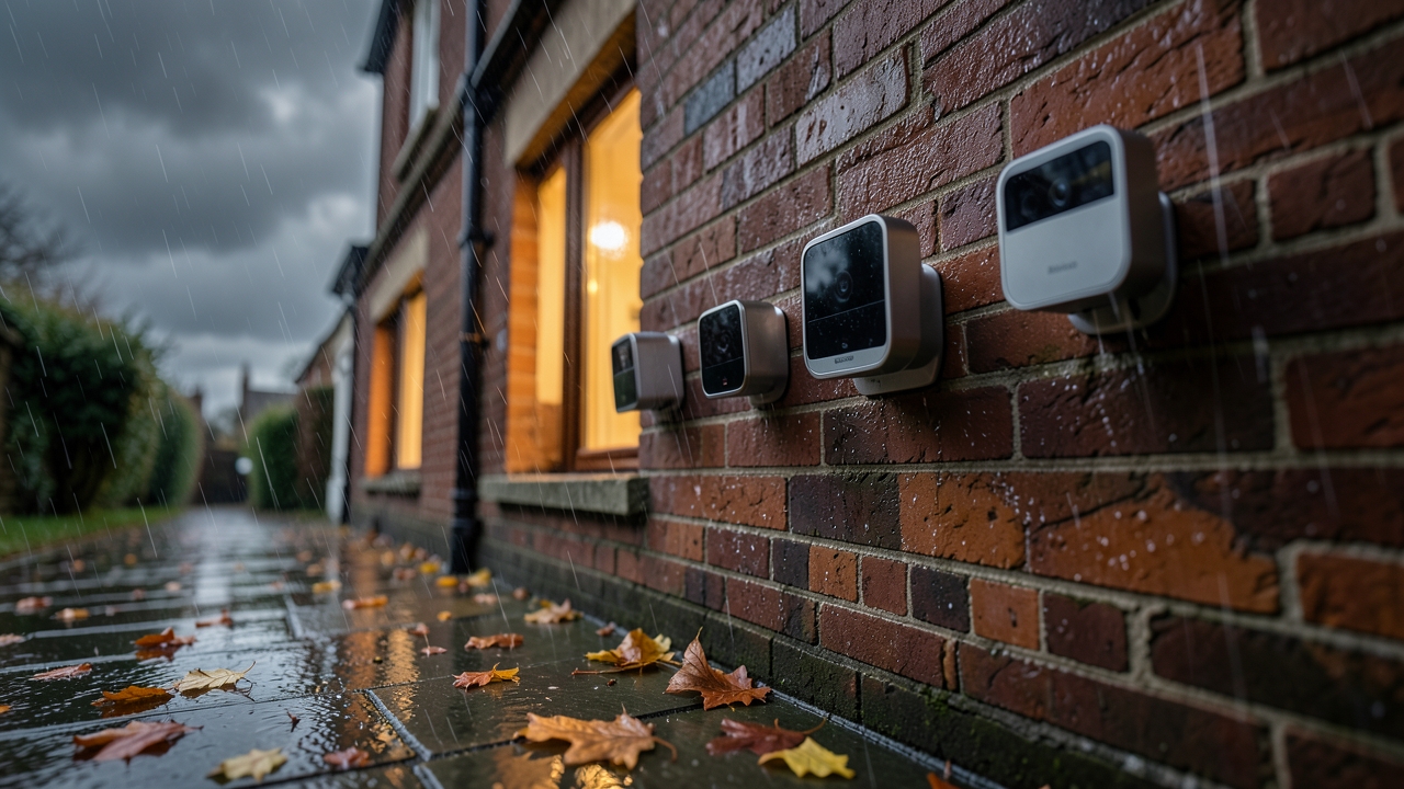 Ring, Eufy, Arlo and Hive smart doorbell UK weather test mounted on a rain-soaked brick wall