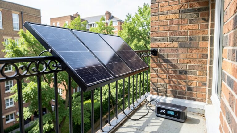 A practical renter solar installation UK kit mounted on a flat balcony railing.