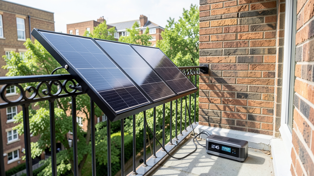 A practical renter solar installation UK kit mounted on a flat balcony railing.