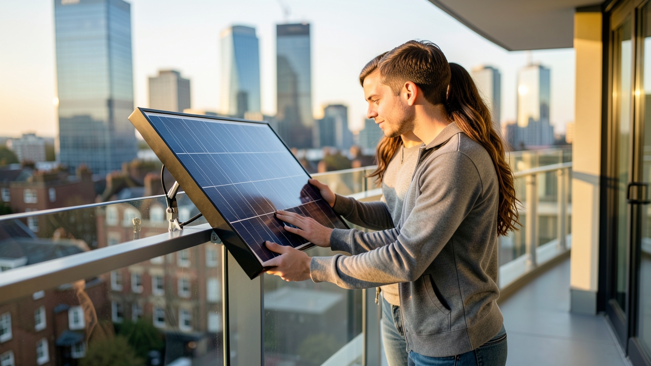 Renter clamping a balcony solar panel to a flat railing, balcony solar renters UK guide