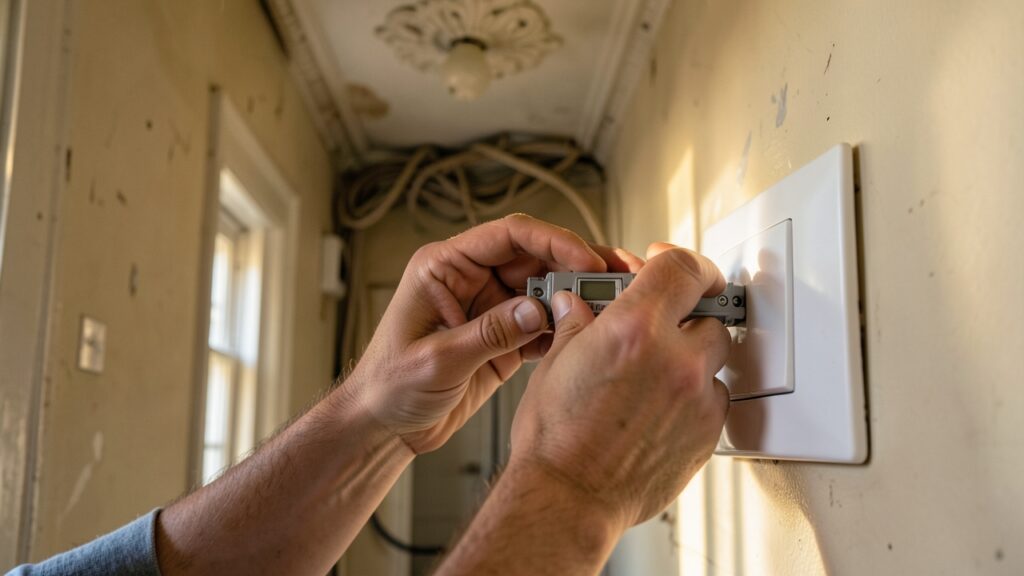 No neutral smart switch UK: relay module wired behind an older British light switch plate