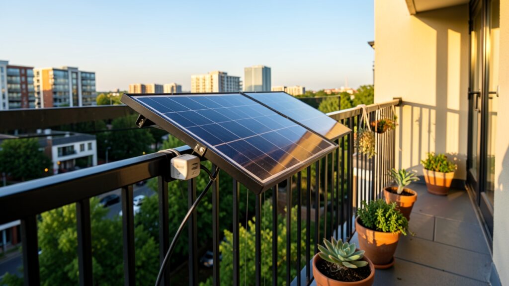 Balcony solar panel UK setup clamped to a rented flat railing with micro-inverter, city view at golden hour
