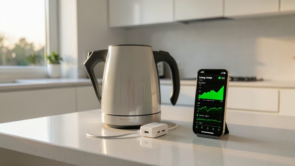 Smart plug kettle monitoring setup in a UK kitchen showing energy data on a mobile app.