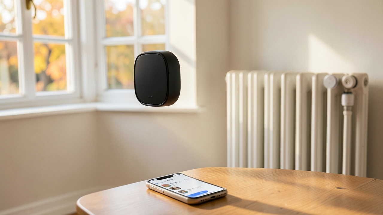 Smart thermostat savings UK: digital thermostat on a living room wall beside a radiator