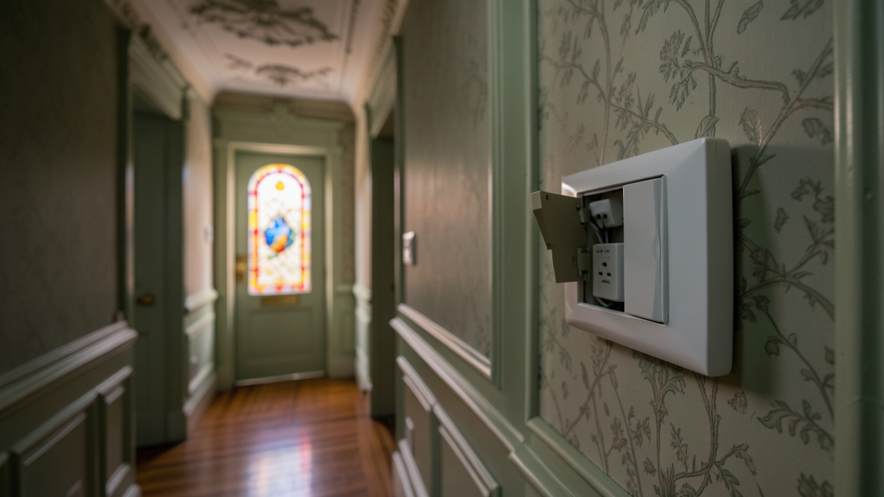 No-neutral smart switch UK installation in a Victorian terrace hallway with a Shelly dimmer module