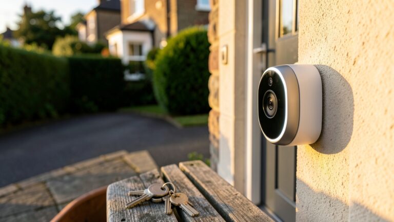 Ring doorbell without subscription UK mounted beside a brick front door in a British home