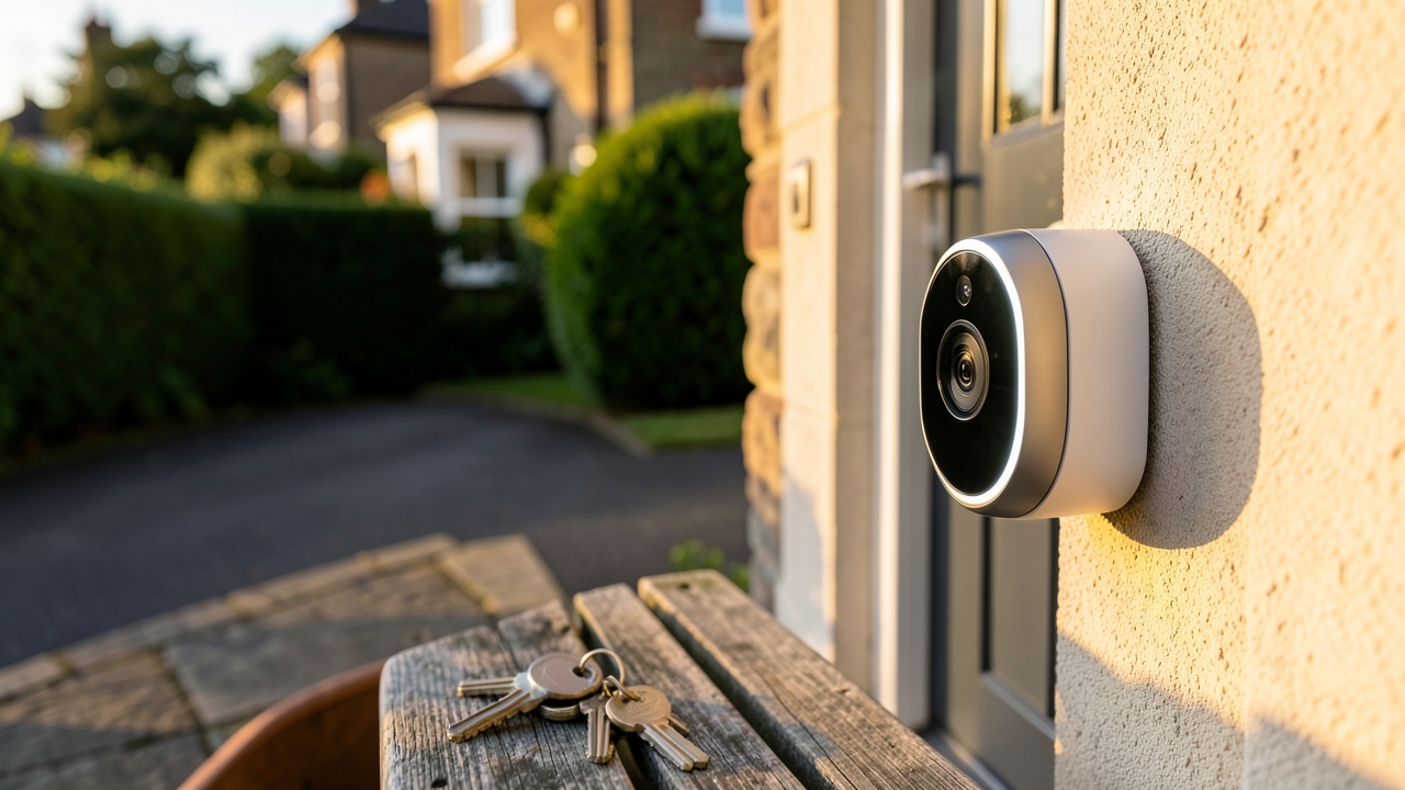 Ring doorbell without subscription UK mounted beside a brick front door in a British home