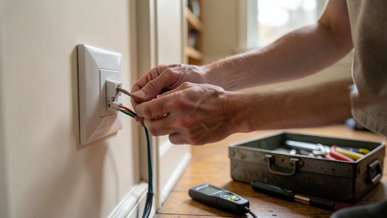 No neutral smart switch UK wiring: electrician fitting a smart relay behind a white wall switch plate