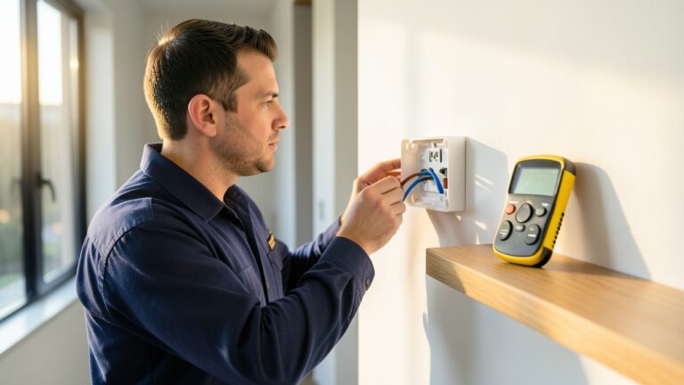 Smart switch no neutral wiring being checked in a UK hallway switch box by an electrician