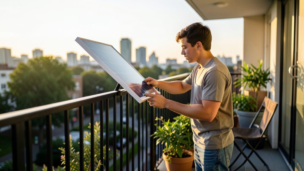 Balcony solar for renters: plug-in panel clamped to a flat balcony railing in the UK
