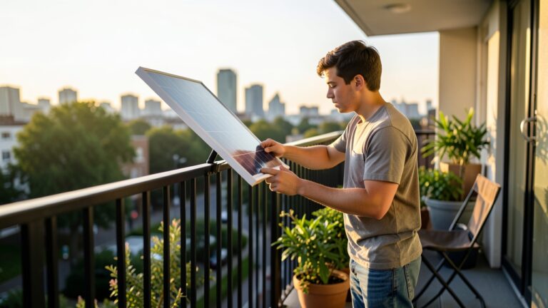Balcony solar for renters: plug-in panel clamped to a flat balcony railing in the UK