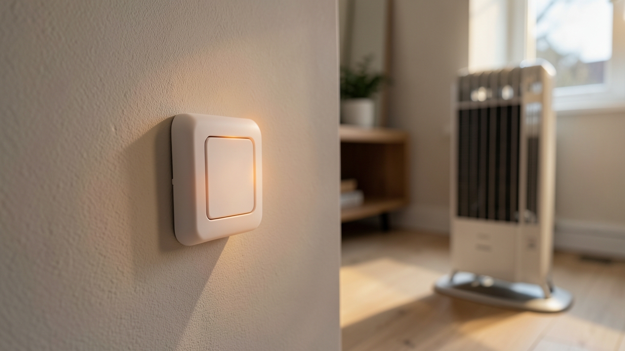 White smart plug in a UK wall socket beside a fan heater showing smart plug load limit risk