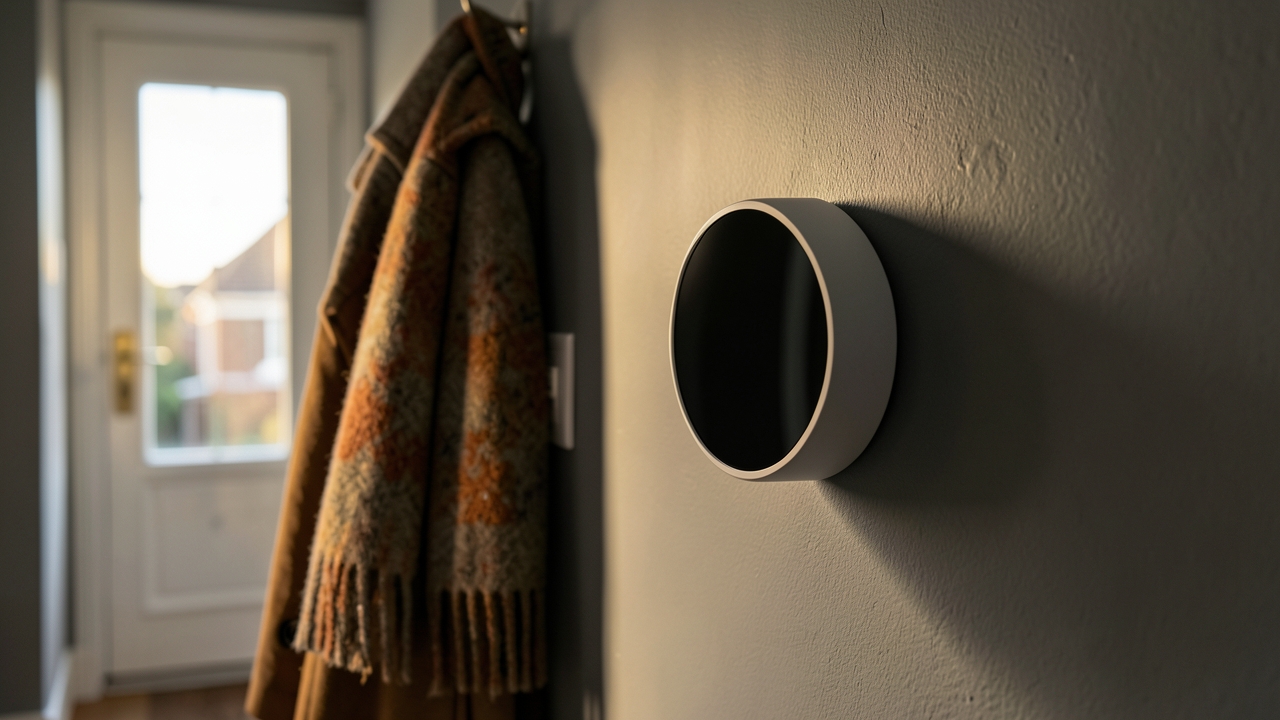 Smart thermostat running costs UK comparison mounted on a hallway wall in a British semi-detached home