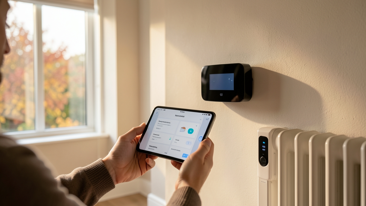 Hive Matter Home Assistant dashboard controlling a UK thermostat and radiators in a modern home