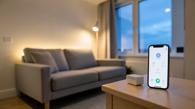 Matter smart home UK flat setup with Thread border router and smart plugs in a modern living room