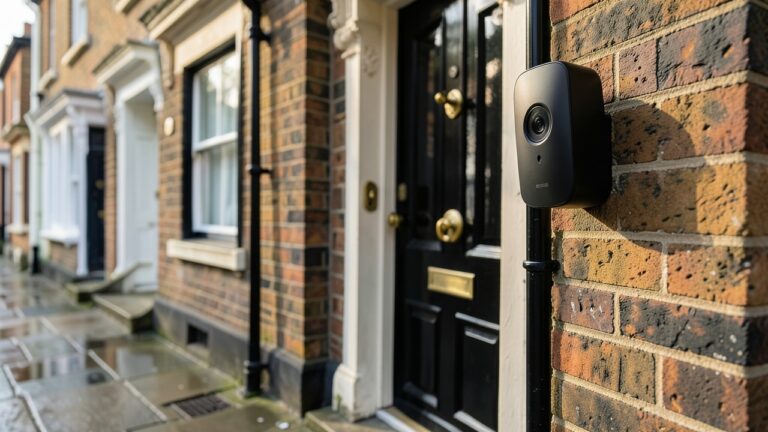 Video doorbell GDPR rules UK: camera fitted beside the front door of a terraced house on a British street