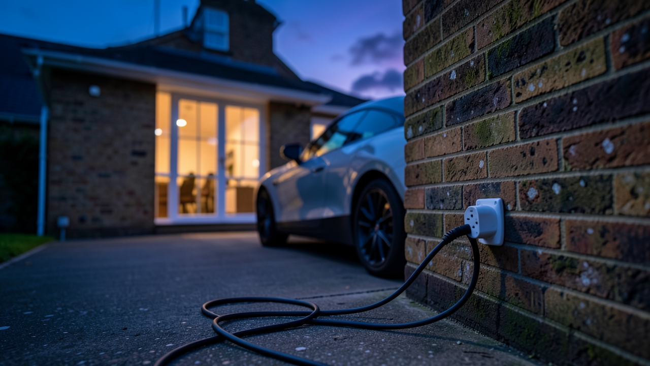 Smart plug EV charging UK setup showing a three-pin socket and charging cable on a home driveway