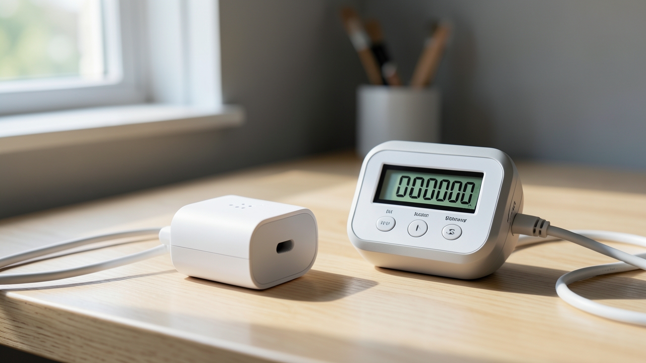 Smart plug accuracy test bench with Tapo P110 and Shelly Plus Plug UK wired to a calibrated reference meter