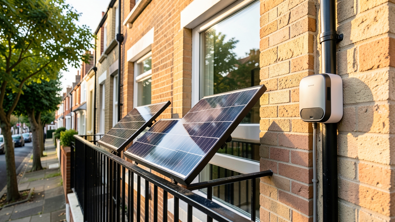 Plug-in solar panels UK mounted on a flat balcony railing with a micro-inverter, terraced British street in the background