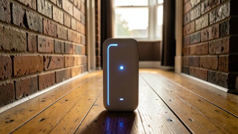 Matter Thread UK homes test: Thread repeater smart plug in a 1930s solid brick hallway
