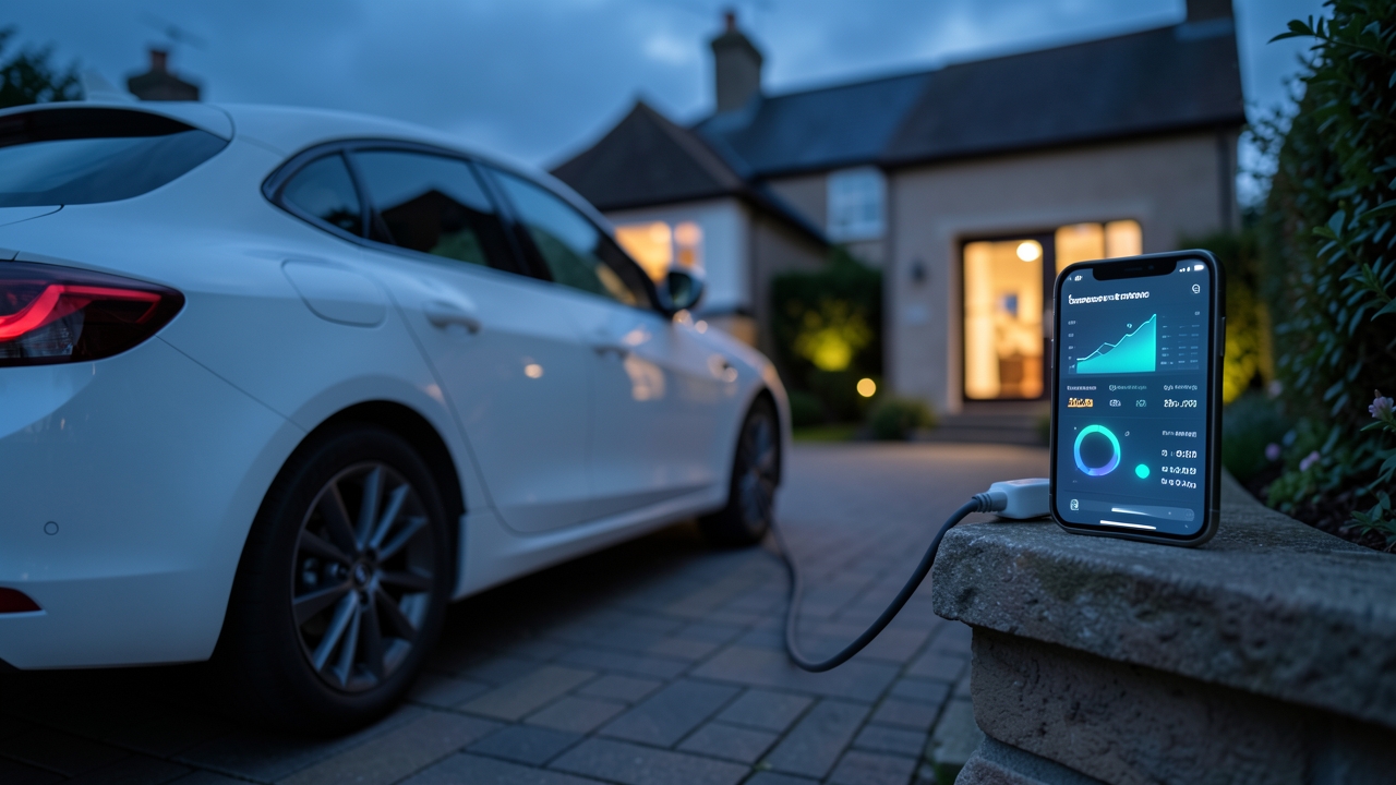 Smart plug EV charging setup with a UK three-pin granny charger logging kWh costs on a phone app