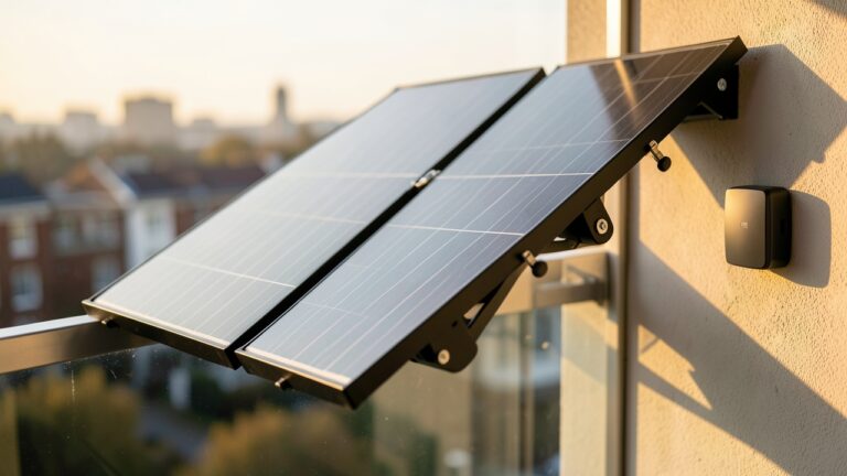 Plug-in solar UK legal setup: two balcony panels with micro-inverter fixed to a UK flat railing