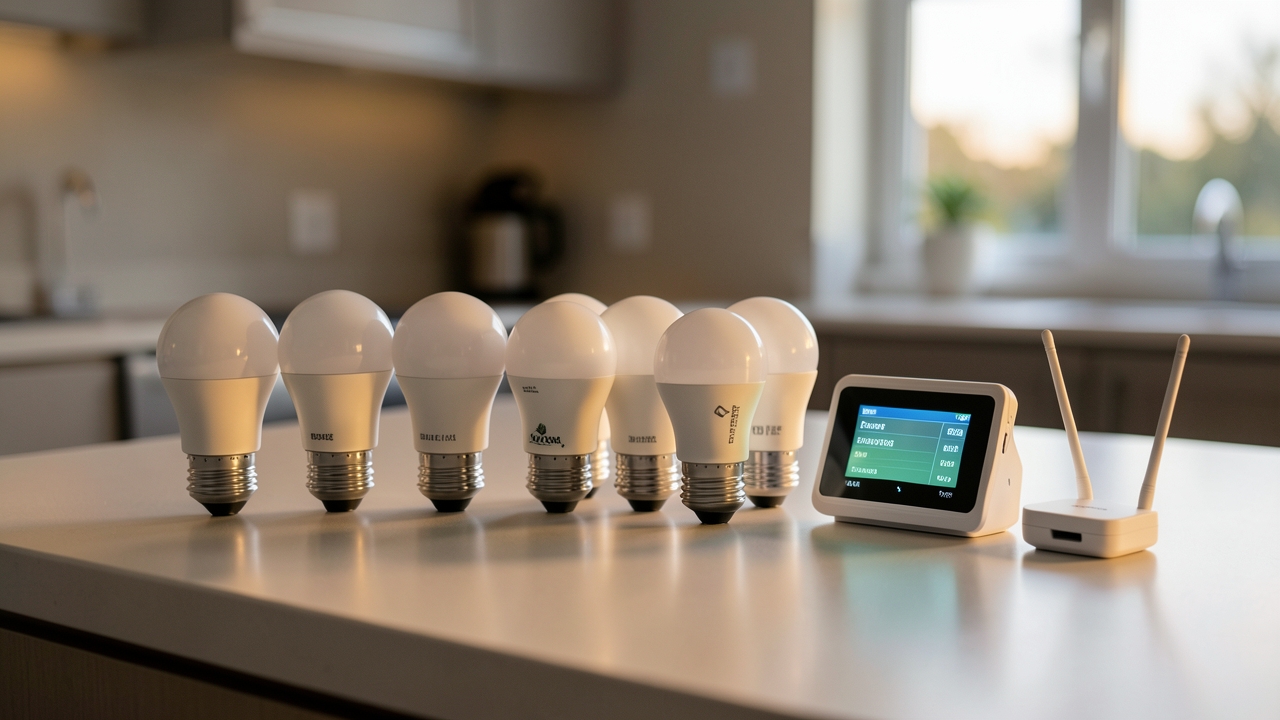 Smart bulb running costs test bench with Hue, Tapo and Trådfri bulbs on energy monitor