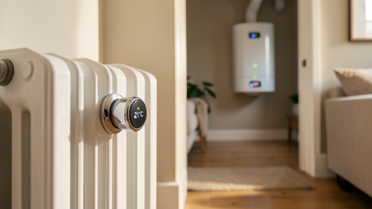 Smart TRV UK combi boiler zoning setup with a Zigbee radiator valve in a British living room