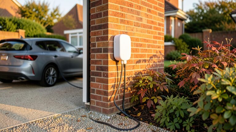 Home EV charger costs UK 2026: Wallbox Pulsar Plus mounted on a brick wall beside an electric car on a UK driveway