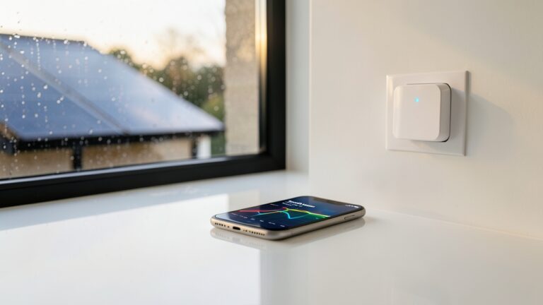 Smart plugs for solar UK homes tracking self-consumption beside a balcony solar panel setup