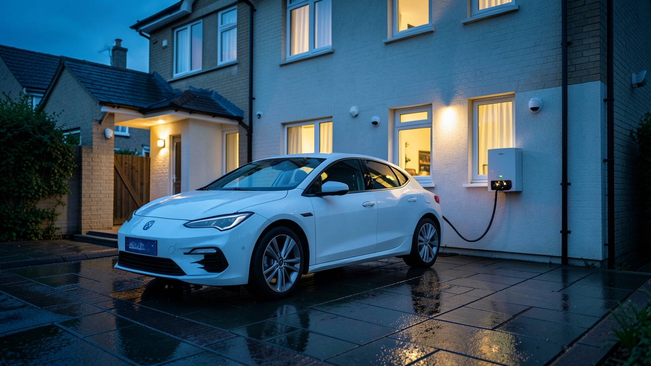EV charger and heat pump supply fitted at a UK home, with a wall charger and heat pump unit on the drive
