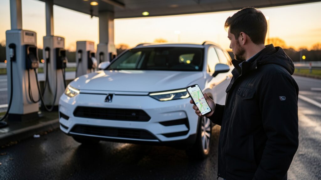 Public charging app comparison: driver checking Octopus Electroverse and Zapmap prices on a phone